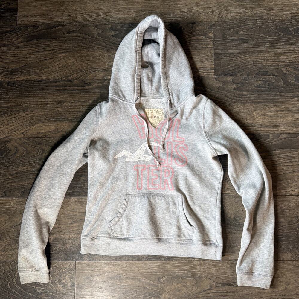 Vintage Y2K Hollister Sz L Hoodie Gray Pink Logo Thrashed Distressed Grunge Surf